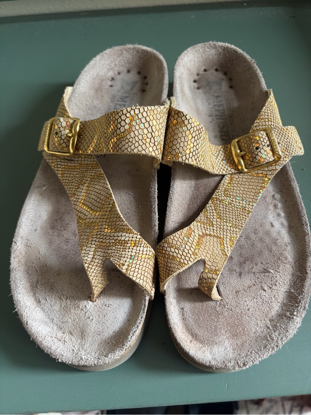 Mephisto Gold Leather Helen Snakeskin Sandals Size 37